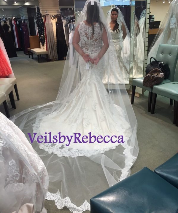 Custom Made Chantilly Lace Veil- 1 tier cathedral lace veil,ivory Chantilly lace royal veil,slim lace cathedral veil, soft lace veil V628 - Image 4