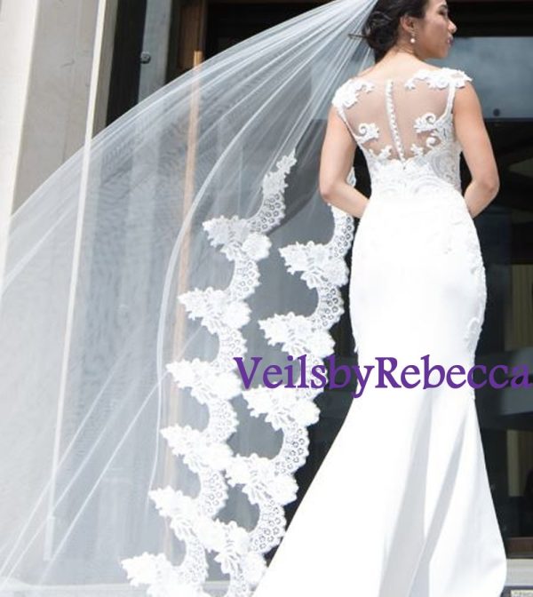 1 tier partial cathedral lace veil,lace cathedral veil, cathedral wedding veil,lace halfway cathedral wedding veil,Long Lace Veil V626 - Image 2