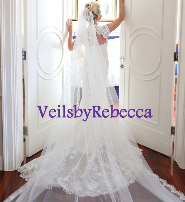 Boho Venice Lace Veil-1 tier scalloped lace cathedral veil,slim Guipure lace veil, Bohomian Mantilla Lace veil,Vintage lace Veil 624 - Image 5