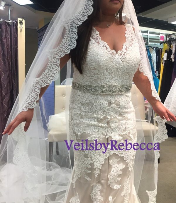 Custom Made Chantilly Lace Veil- 1 tier cathedral lace veil,ivory Chantilly lace royal veil,slim lace cathedral veil, soft lace veil V628 - Image 3