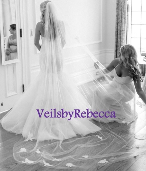 Il Fullxfull.1093755425 J2et.jpg Romantic Scattered Lace Cathedral Veil, 1 tier cathedral scattered floral lace wedding veil, ivory lace cathedral veil,chapel lace veil V629 - Image 3