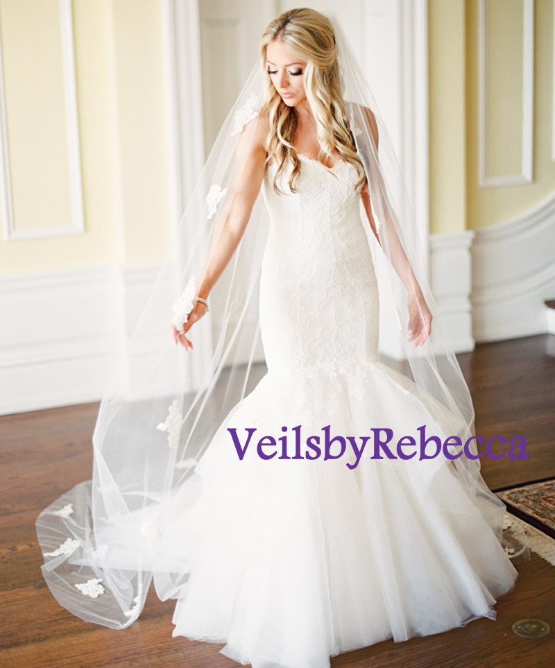 Il Fullxfull.1093755427 B2qk.jpg Romantic Scattered Lace Cathedral Veil, 1 tier cathedral scattered floral lace wedding veil, ivory lace cathedral veil,chapel lace veil V629 - Image 1