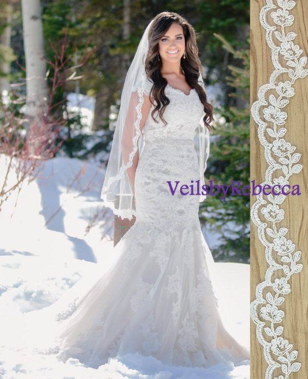 1 tier Fingertip Lace Veil, Elbow Lace Veil,Hip Lace Veil,Short Lace Veil-1 tier Lace Fingertip Wedding Veil-Slim Embroidery Lace Veil V635 - Image 2