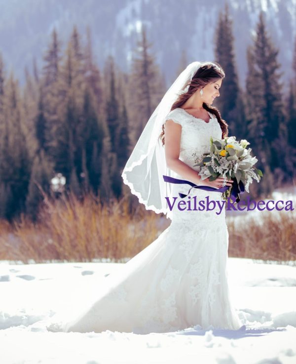 1 tier Fingertip Lace Veil, Elbow Lace Veil,Hip Lace Veil,Short Lace Veil-1 tier Lace Fingertip Wedding Veil-Slim Embroidery Lace Veil V635 - Image 3