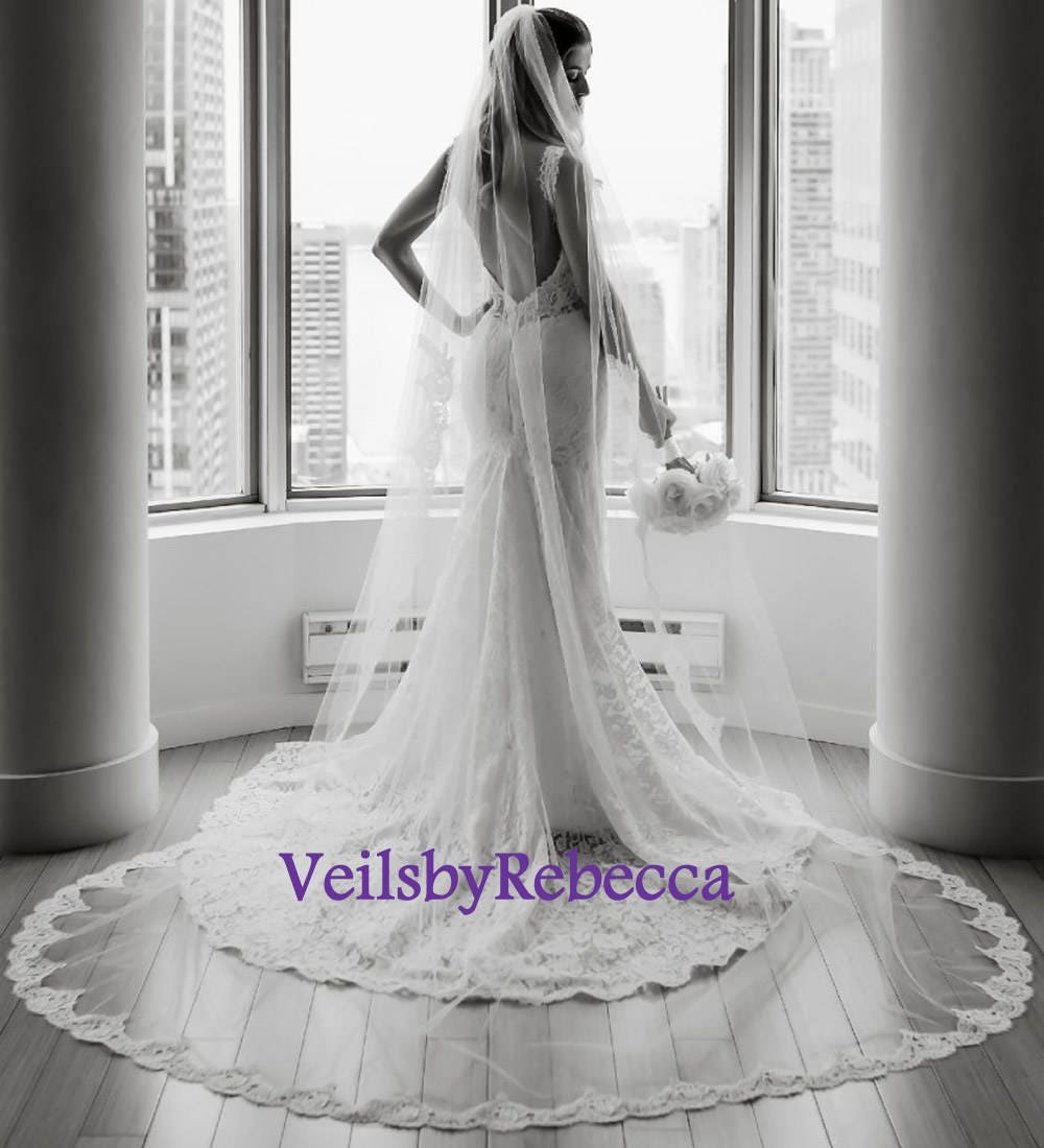 Il Fullxfull.1256662217 1ll2.jpg 1 tier Cathedral lace veil with lace from fingertip/wrist length,Partial lace cathedral wedding veil, long cathedral lace veil V638 - Image 1