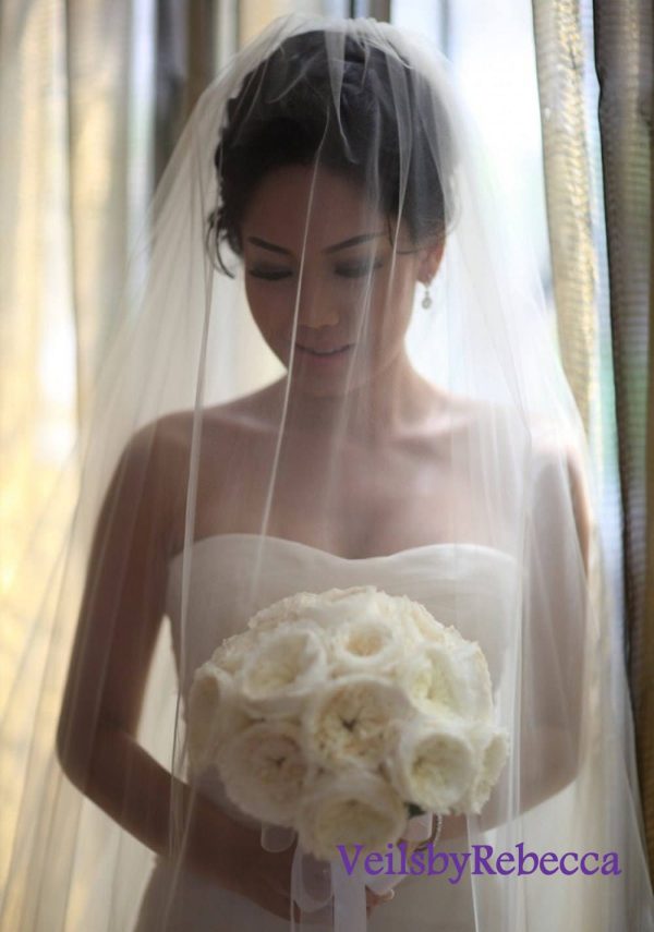 Soft tulle drop wedding veil, illusion tulle drop bridal Veil, chapel cathedral drop veil, 2 tiers blusher soft tulle cathedral veil V602 - Image 4