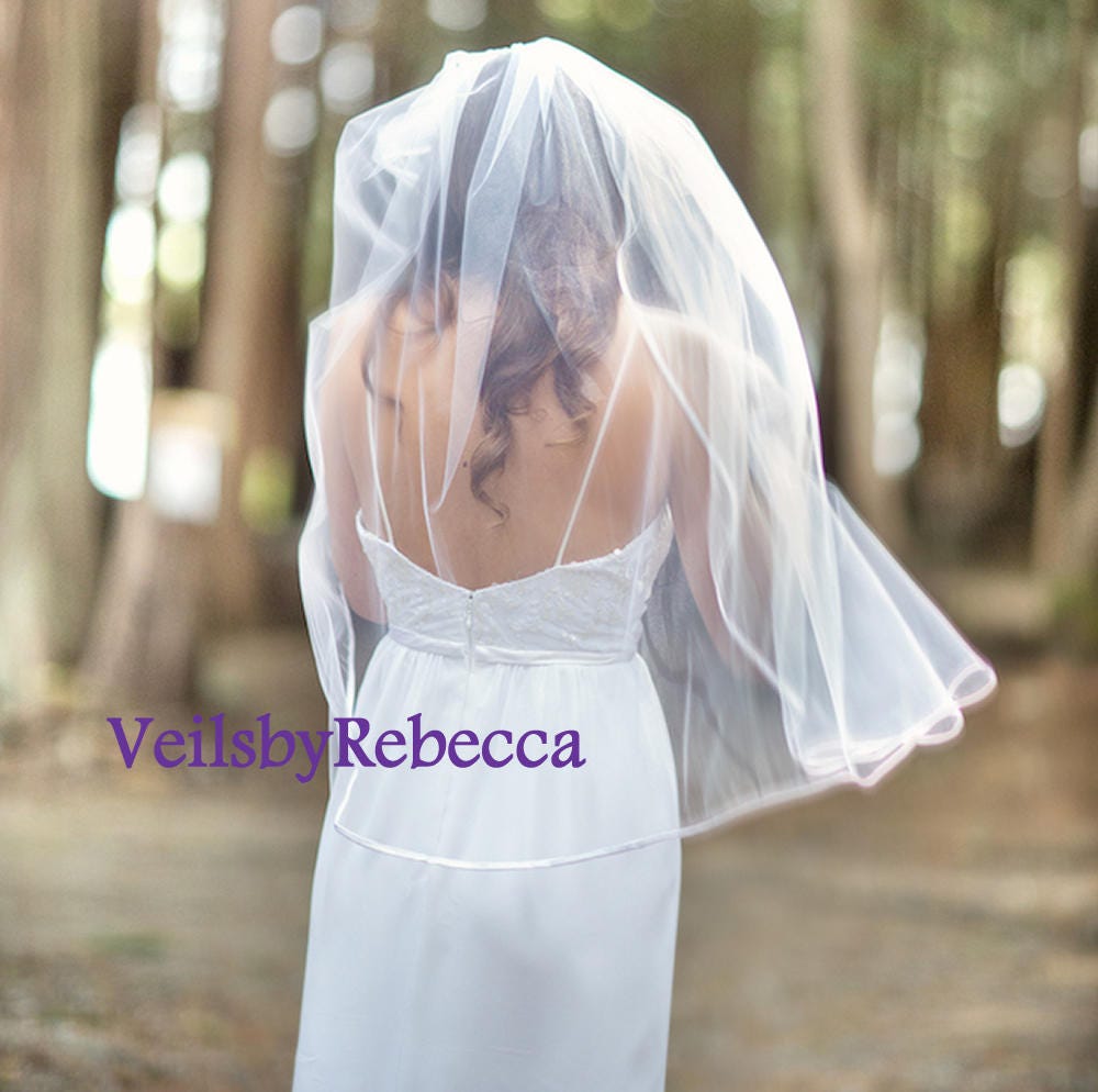 Il Fullxfull.1353363936 Pbt2.jpg Simple Short Stain Ribbon Veil-1 tier hip/wrist satin ribbon veil, short satin ribbon veil in elbow, fingertip, hip, wrist and waltz V600R - Image 1