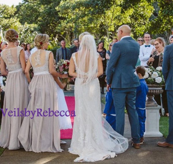 Elegant Cathedral Stain Ribbon Veil-1 tier satin ribbon cathedral veil, long satin ribbon veil, Plain cathedral ribbon wedding veil V604 - Image 4