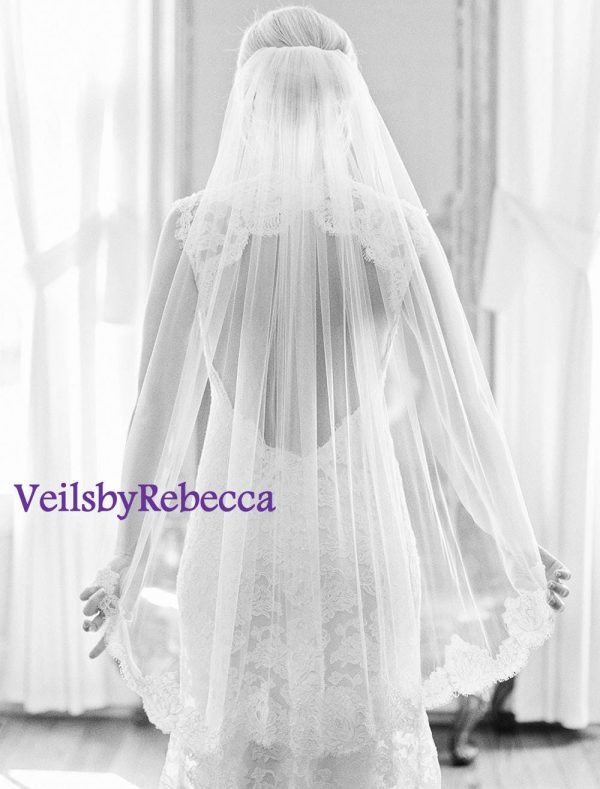 Fingertip veil with lace only at bottom,fingertip lace wedding veil, partial lace veil fingertip,fingertip veil-1 tier short lace veil V617F - Image 2
