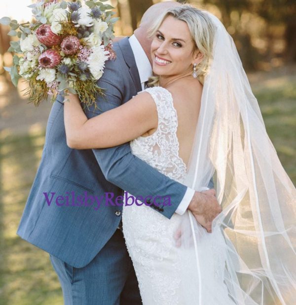 Elegant Cathedral Stain Ribbon Veil-1 tier satin ribbon cathedral veil, long satin ribbon veil, Plain cathedral ribbon wedding veil V604 - Image 3