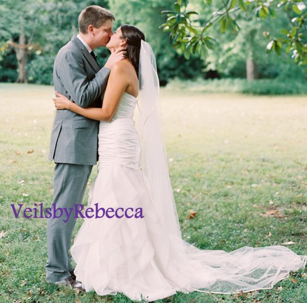 Elegant Cathedral Stain Ribbon Veil-1 tier satin ribbon cathedral veil, long satin ribbon veil, Plain cathedral ribbon wedding veil V604 - Image 2