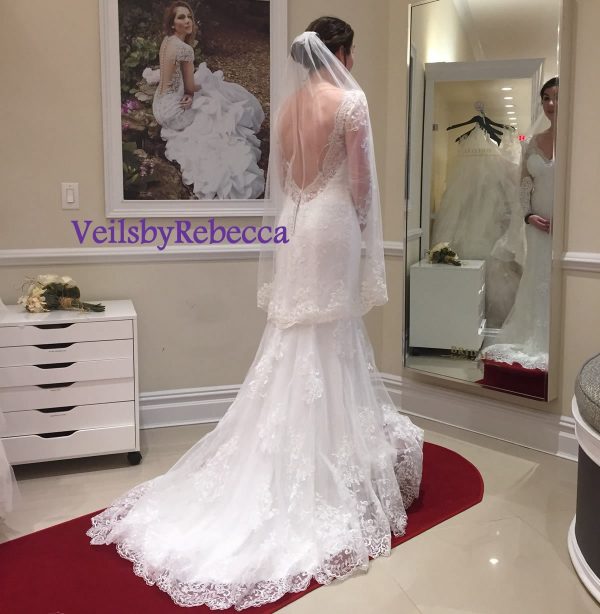 Fingertip Partial Lace veil,floral lace wedding veil, lace fingertip wedding veil, lace veil fingertip-1 tier short lace bridal veil V645 - Image 3