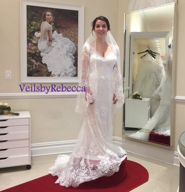 Fingertip Partial Lace veil,floral lace wedding veil, lace fingertip wedding veil, lace veil fingertip-1 tier short lace bridal veil V645 - Image 4