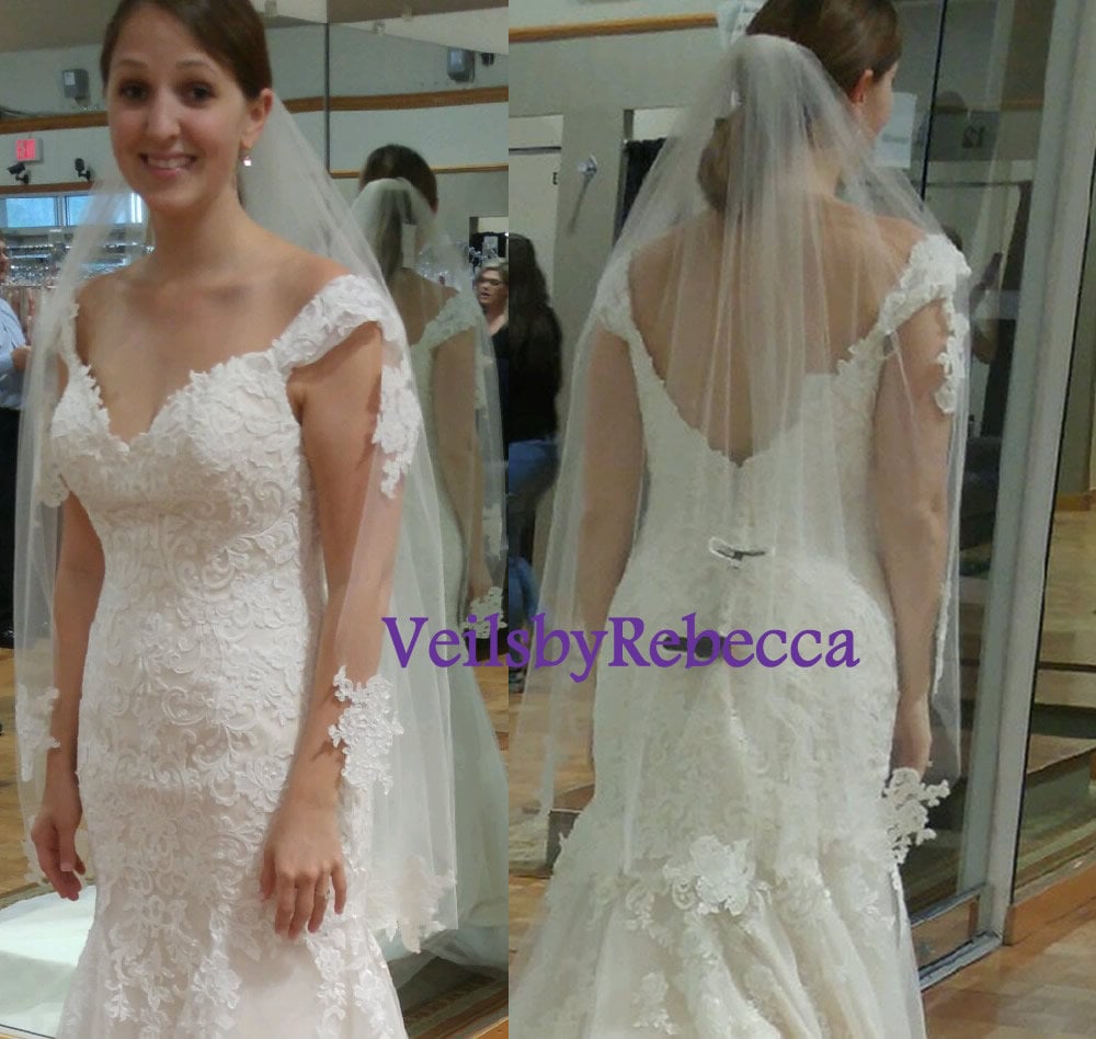 Il Fullxfull.1543400311 Ktll.jpg 1 tier fingertip Alencon lace veil-Lace Fingertip wedding veil-Scattered Lace Applique Veil Fingertip-Short floral lace applique veil V640B - Image 1