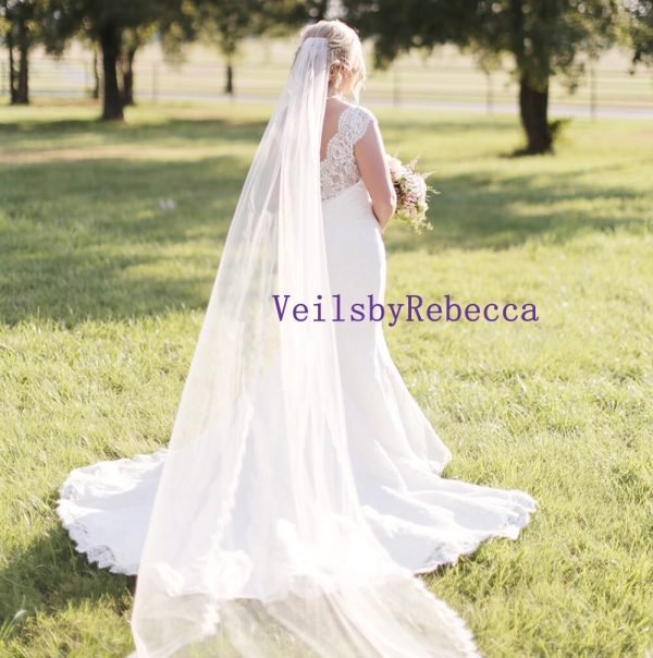1 tier Scalloped Chantilly lace veil in Cathedral, Partial lace Cathedral wedding veil, Cathedral Bridal veil with Chantilly lace V622 - Image 6