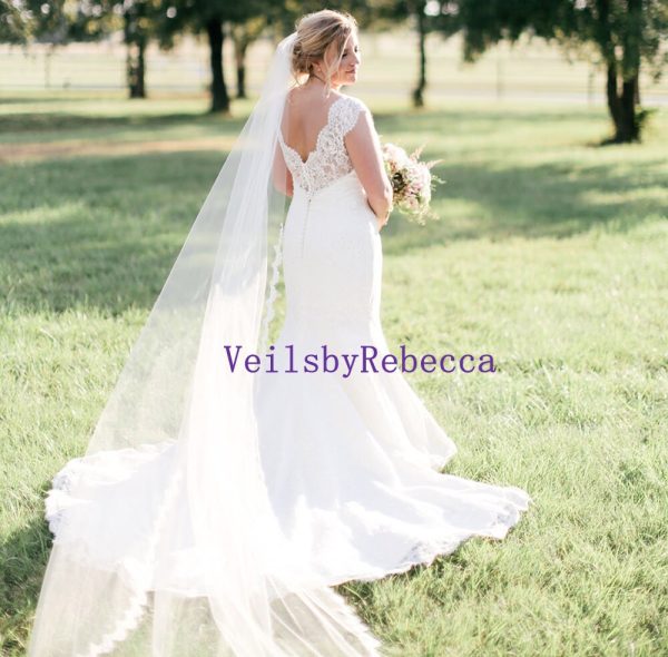 1 tier Scalloped Chantilly lace veil in Cathedral, Partial lace Cathedral wedding veil, Cathedral Bridal veil with Chantilly lace V622 - Image 4