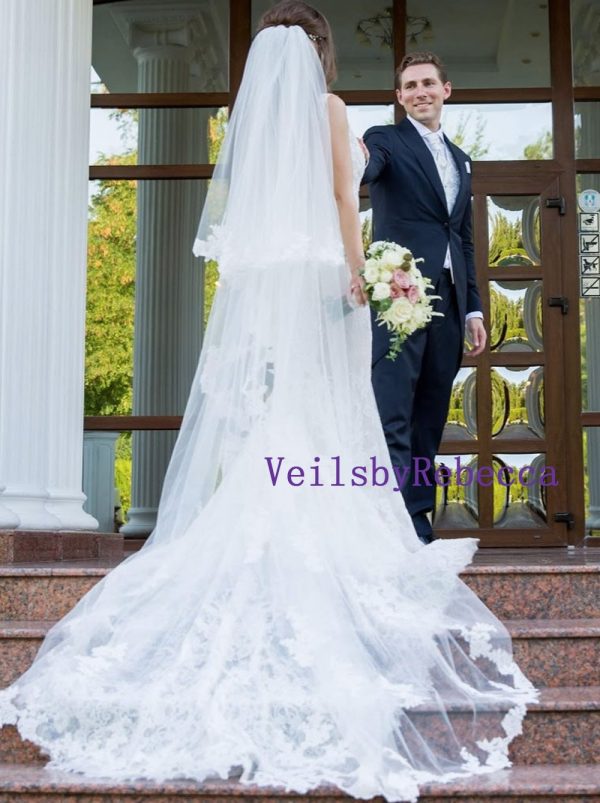 2 tiers cathedral wedding veil lace,drop lace veil cathedral,cathedral blusher veil lace,vintage lace cathedral veil,floral lace chapel veil - Image 3