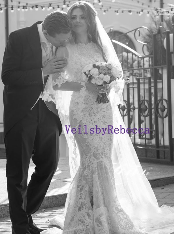 2 tiers cathedral wedding veil lace,drop lace veil cathedral,cathedral blusher veil lace,vintage lace cathedral veil,floral lace chapel veil - Image 2