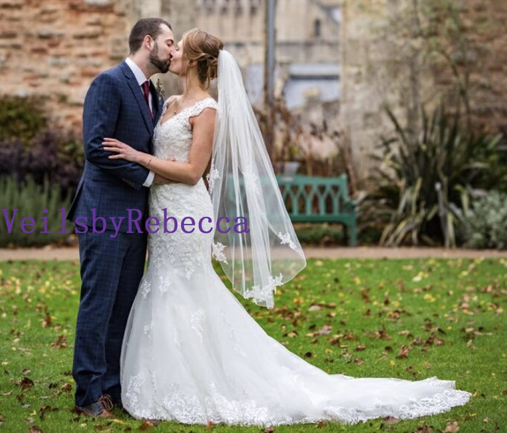 Il Fullxfull.1971442534 Sczw.jpg 1 tier fingertip scattered lace applique veil,lace flowers fingertip wedding veil,floral lace applique scattered fingertip bridal veil V605S - Image 1