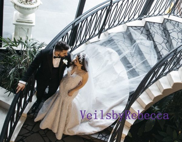 Long Blusher Sheer Drop Wedding Veil, Royal bridal veil with blusher, long illusion blusher wedding veil, drop tulle veil cathedral V602D - Image 2