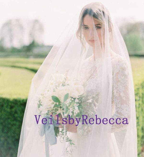 Long Blusher Sheer Drop Wedding Veil, Royal bridal veil with blusher, long illusion blusher wedding veil, drop tulle veil cathedral V602D - Image 3