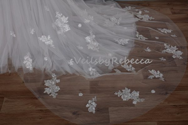 Sparking lace drop wedding veil, 2 tiers sequins floral lace applique veil, 2 tiers blusher cathedral veil, floral lace cathedral veil R223 - Image 7