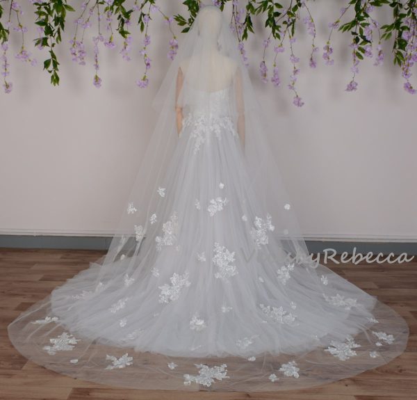 Sparking lace drop wedding veil, 2 tiers sequins floral lace applique veil, 2 tiers blusher cathedral veil, floral lace cathedral veil R223 - Image 8
