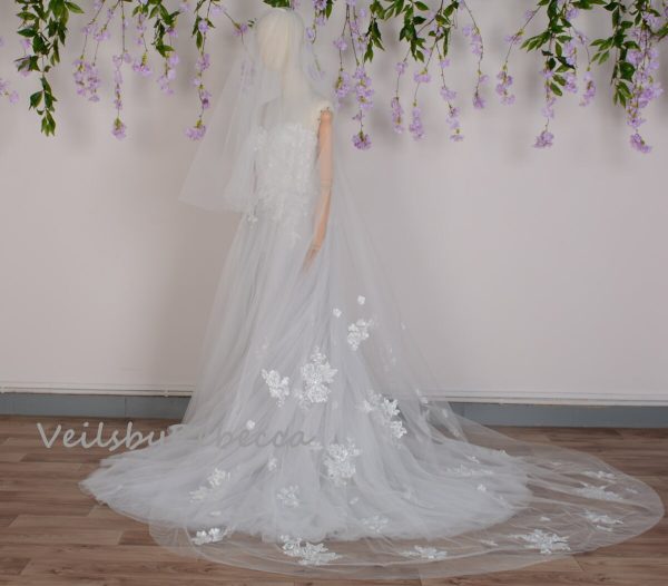 Sparking lace drop wedding veil, 2 tiers sequins floral lace applique veil, 2 tiers blusher cathedral veil, floral lace cathedral veil R223 - Image 9
