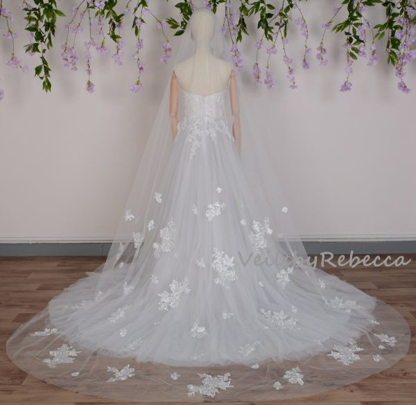Sparking lace drop wedding veil, 2 tiers sequins floral lace applique veil, 2 tiers blusher cathedral veil, floral lace cathedral veil R223 - Image 10