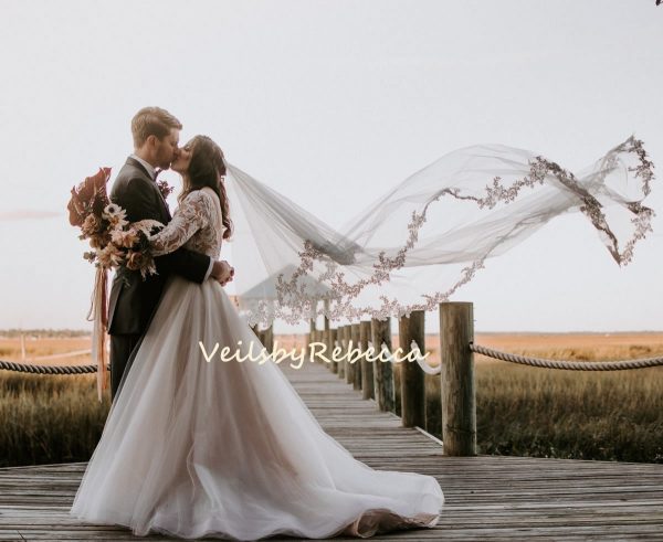 2 tiers lace chapel wedding veil,drop floating lace veil in chapel, 2 tier blusher cathedral veil, floral lace applique bridal veil R260 - Image 5