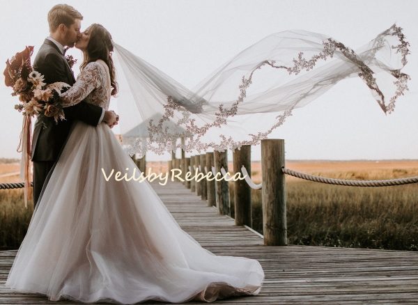 2 tiers lace chapel wedding veil,drop floating lace veil in chapel, 2 tier blusher cathedral veil, floral lace applique bridal veil R260 - Image 2