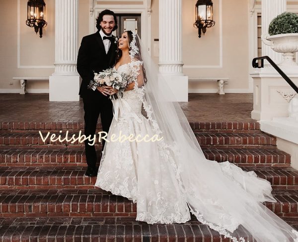 1 tier cathedral Mantilla Floral Lace Applique Veil,Lace 1st Communion Mantilla Veil in Cathedral, Catholic Lace Mantilla Wedding Veil R263 - Image 4