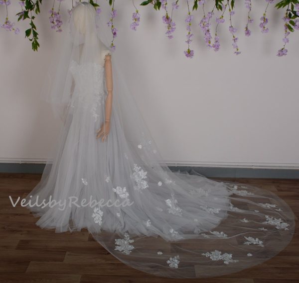 Sparking lace drop wedding veil, 2 tiers sequins floral lace applique veil, 2 tiers blusher cathedral veil, floral lace cathedral veil R223 - Image 3