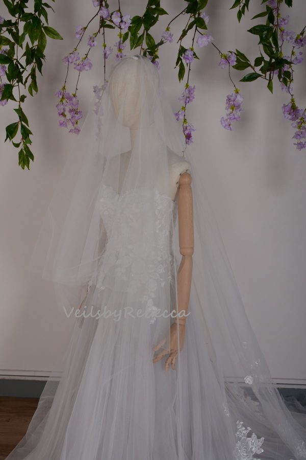 Sparking lace drop wedding veil, 2 tiers sequins floral lace applique veil, 2 tiers blusher cathedral veil, floral lace cathedral veil R223 - Image 6