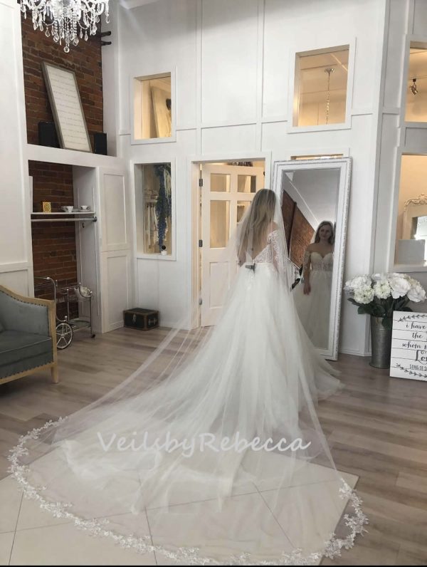 1 tier floral lace bottom cathedral veil ,embroidered lace cathedral veil,soft tulle floral lace cathedral wedding veil V903 - Image 5