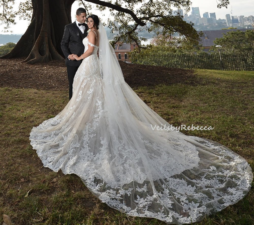 Il Fullxfull.2398959490 Npwv.jpg 2 tiers sequins wedding veil cathedral, Dramatic scattered floral lace applique cathedral veil,Royal beading lace veil V902B - Image 1