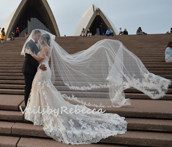 Il Fullxfull.2398959628 6swj.jpg 2 tiers sequins wedding veil cathedral, Dramatic scattered floral lace applique cathedral veil,Royal beading lace veil V902B - Image 3