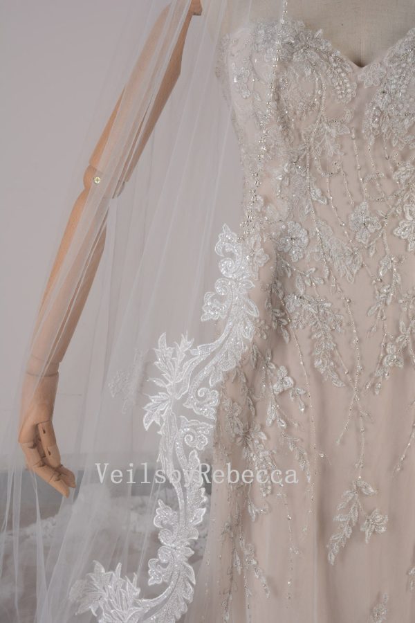 1 tier sequins lace royal wedding veil, sparking sequin lace cathedral veil R207G, shine sequin lace royal/cathedral veil - Image 5