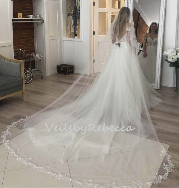 1 tier floral lace bottom cathedral veil ,embroidered lace cathedral veil,soft tulle floral lace cathedral wedding veil V903 - Image 4