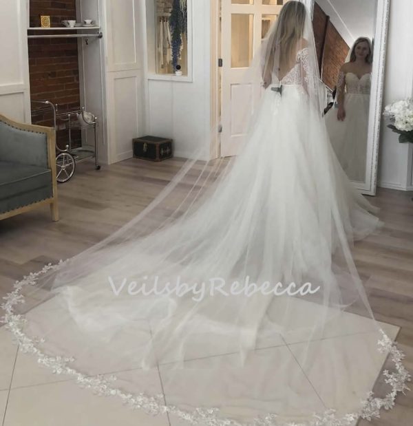 1 tier floral lace bottom cathedral veil ,embroidered lace cathedral veil,soft tulle floral lace cathedral wedding veil V903 - Image 3