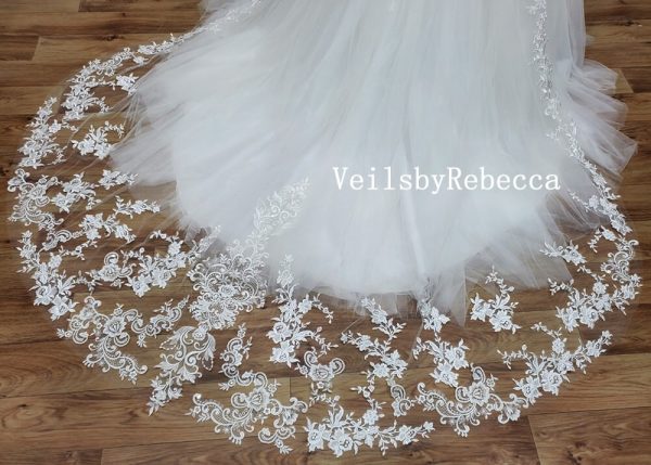 Il Fullxfull.2648819110 Iqul.jpg 2 tiers sequins wedding veil cathedral, Dramatic scattered floral lace applique cathedral veil,Royal beading lace veil V902B - Image 9