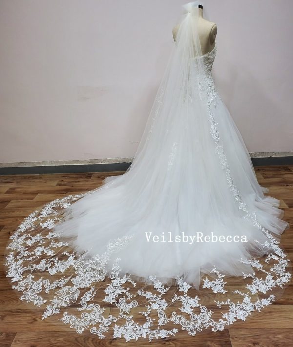 Il Fullxfull.2696486083 Glg4.jpg 2 tiers sequins wedding veil cathedral, Dramatic scattered floral lace applique cathedral veil,Royal beading lace veil V902B - Image 7