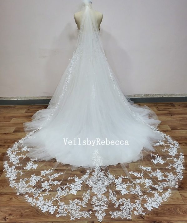 Il Fullxfull.2696486579 Bdqg.jpg 2 tiers sequins wedding veil cathedral, Dramatic scattered floral lace applique cathedral veil,Royal beading lace veil V902B - Image 8