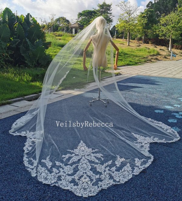 1 tier sequins embroidery lace appliques cathedral bridal veil, scallop bottom lace Royal/Cathedral wedding veil R248 - Image 3
