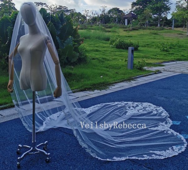 1 tier sequins embroidery lace appliques cathedral bridal veil, scallop bottom lace Royal/Cathedral wedding veil R248 - Image 6