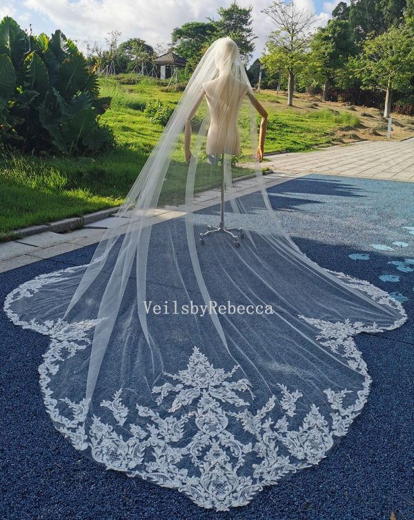 1 tier sequins embroidery lace appliques cathedral bridal veil, scallop bottom lace Royal/Cathedral wedding veil R248 - Image 2