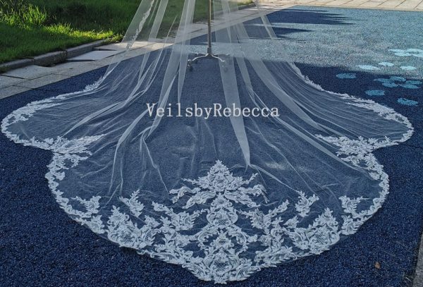 1 tier sequins embroidery lace appliques cathedral bridal veil, scallop bottom lace Royal/Cathedral wedding veil R248 - Image 5