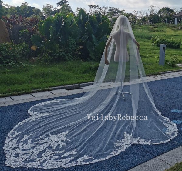 1 tier sequins embroidery lace appliques cathedral bridal veil, scallop bottom lace Royal/Cathedral wedding veil R248 - Image 4