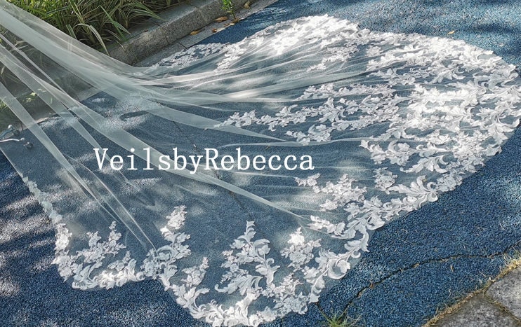 Il Fullxfull.3907440276 Spkf.jpg Sequins floral lace wedding veil, lace bridal veil cathedral, wedding veil cathedral lace, Royal lace veil, floral lace bridal veil R239 - Image 1