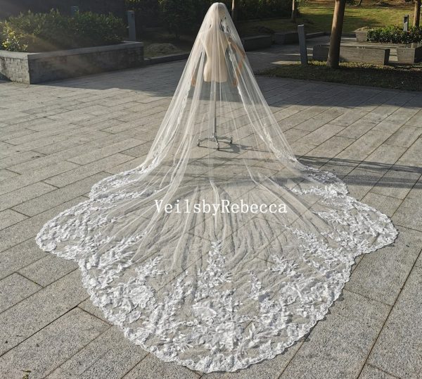 Sequins floral lace royal wedding veil, wedding veil cathedral lace, lace bridal veil cathedral, floral lace bridal veil R288 - Image 7